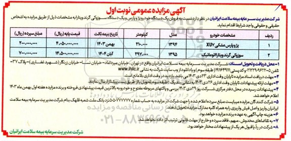 مزایده فروش یک دستگاه خودرو پژو پارس و یک دستگاه سوزوکی گرند ویتارا
