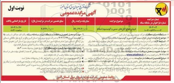 مزایده فروش انواع کابل های مسی و آلومینیوم اسقاط
