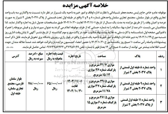 مزایده واگذاری سه باب واحد تجاری