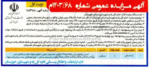 مزایده فروش تعداد 8 پلاک زمین دولتی