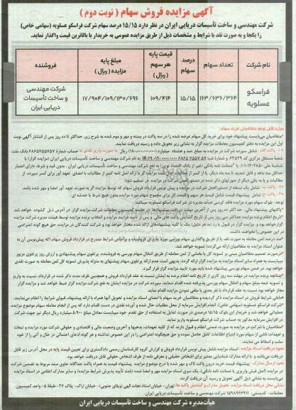 مزایده واگذاری 15/15 درصد سهام شرکت ... نوبت دوم