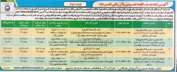 تجدید مناقصه عمومی برون سپاری فعالیتهای بهره برداری و نگهداری از تاسیسات آب شرب ...- نوبت دوم 