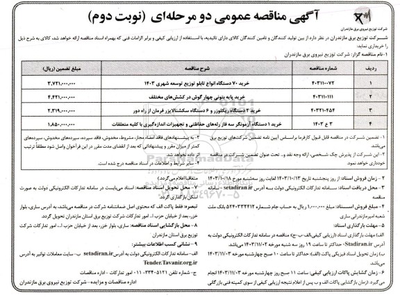 مناقصه عمومی خرید 70 دستگاه انواع تابلو توزیع توسعه شهری... نوبت دوم