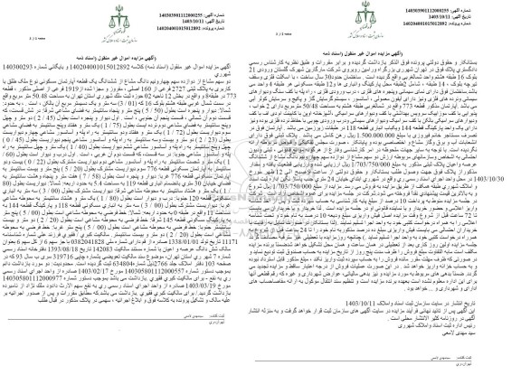 مزایده ششدانگ یک واحد آپارتمان مسکونی به پلاک ثبتی 2727 فرعی از 160 اصلی به مساحت 50.48 مترمربع