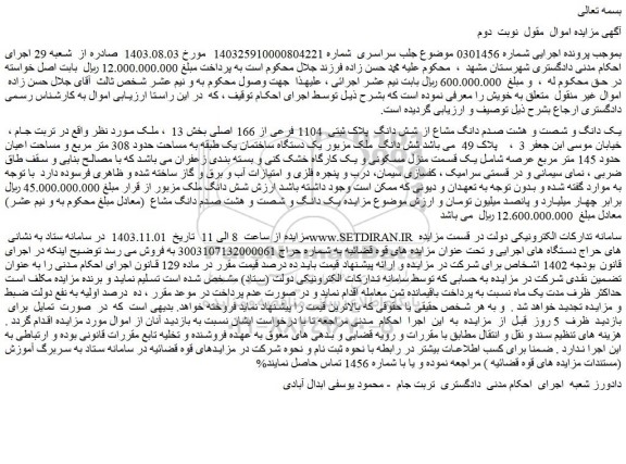 مزایده یک دانگ و شصت و هشت صدم دانگ مشاع از شش دانگ  پلاک ثبتی  1104 فرعی از 166 اصلی 