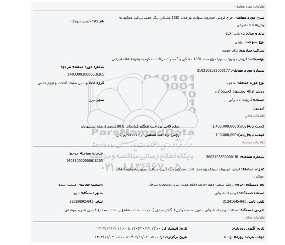 مزایده، فروش خودروی سواری پژو مدل 1381 مشکی رنگ جهت دریافت محکوم به وهزینه های اجرائی
