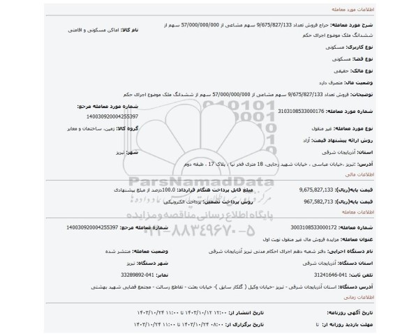 مزایده، فروش تعداد  9/675/827/133  سهم مشاعی  از 57/000/000/000 سهم از ششدانگ ملک موضوع اجرای حکم