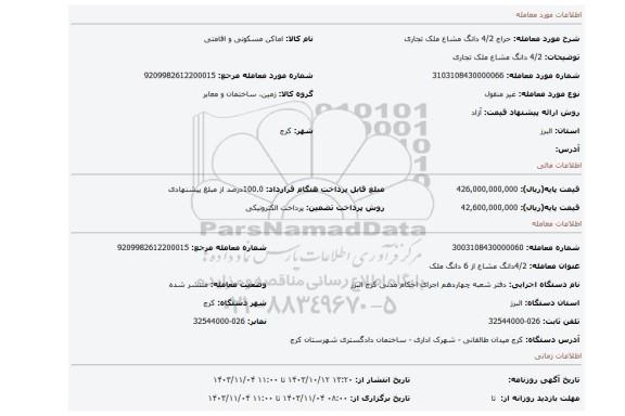 مزایده، 4/2 دانگ مشاع ملک تجاری