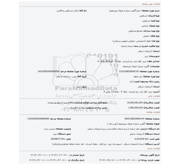 مزایده، آگهـی مـزایده امـوال غیرمنقـول