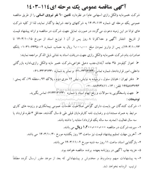 مناقصه تامین 60 نفر نیروی انسانی