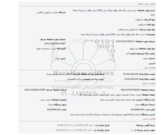 مزایده، شش دانگ ملک واقع درپلاک ثبتی 2225 اصلی واقع در بخش2 ناحیه2 زنجان