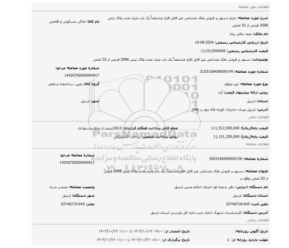 مزایده، دستور بر فروش ملک مشاعی غیر قابل افراز مشخصاً یک باب منزل تحت پلاک ثبتی 3096 فرعی از 33 اصلی