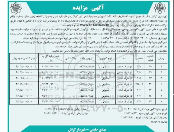 مزایده فروش 7 قطعه زمین مسکونی