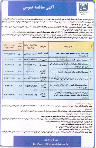 مناقصه عمومی اجرای دیوار نرده ای و محصور نمودن بوستان خلیج فارس ...