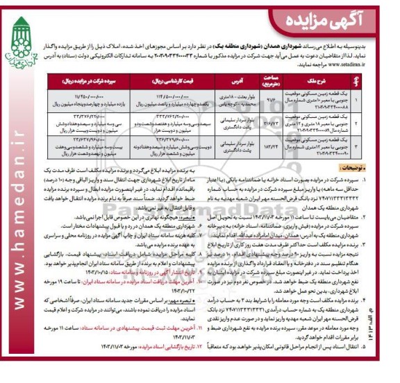مزایده واگذاری سه قطعه زمین مسکونی