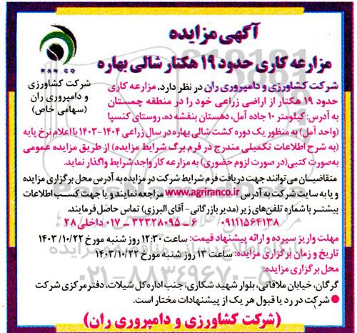 مزایده مزارعه کاری حدود 19 هکتار شالی بهار