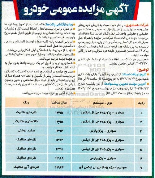 آگهی مزایده عمومی  فروش خودروهای