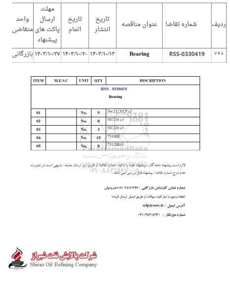 مناقصه Bearing