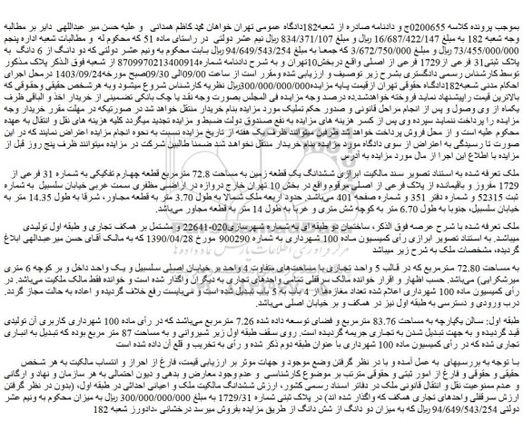 مزایده ششدانگ یک قطعه زمین به مساحت 72.8 مترمربع قطعه چهارم تفکیکی به شماره 31 فرعی از 1729 مفروز و باقیمانده از پلاک فرعی از اصلی