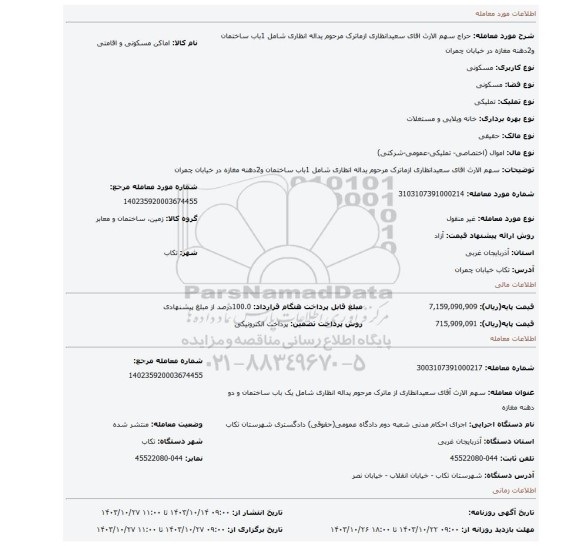 مزایده، سهم الارث اقای سعیدانظاری ازماترک مرحوم یداله انظاری شامل 1باب ساختمان و2دهنه مغازه در خیابان چمران