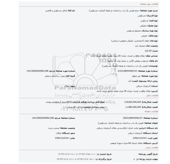 مزایده، فروش یک باب ساختمان دو طبقه (تجاری -مسکونی)