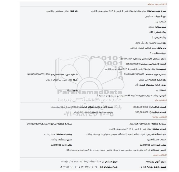 مزایده، مازاد اول پلاک ثبتی 0 فرعی از 447 اصلی بخش 20 یزد