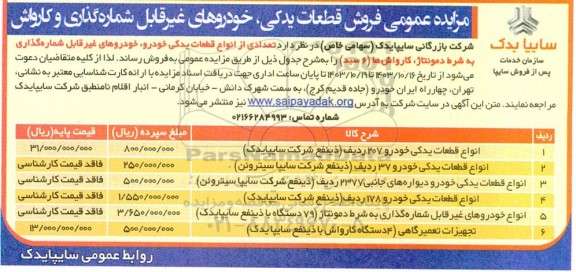 مزایده عمومی فروش قطعات یدکی خودروهای غیر قابل