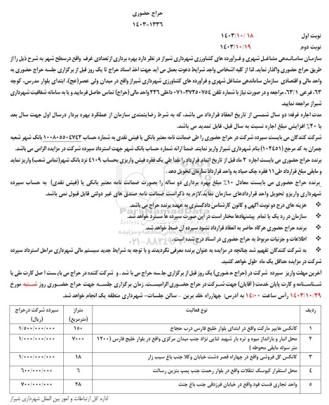 حراج حضوری بهره برداری از تعدادی غرف ...