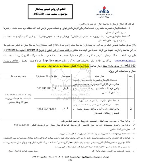 ارزیابیکیفی پیمانکار خدمات نگهداری، تعمیرات برنامه ریزی شده ، امدادرسانی ، گازبانی، کنتور خوانی و خدمات عمومی ...