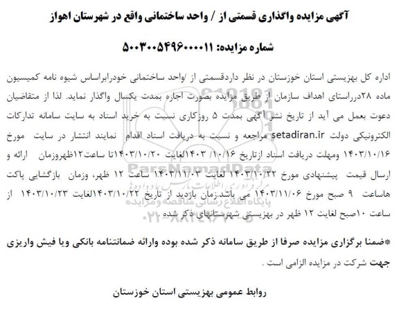 مزایده واگذاری قسمتی از / واحد ساختمانی