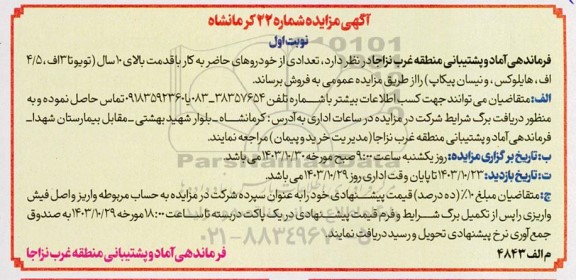 مزایده تعدادی از خودروهای حاضر به کار با قدمت بالای 10 سال (تویوتا 3 اف، 4.5 اف، هایلوکس، و نیسان پیکاپ)