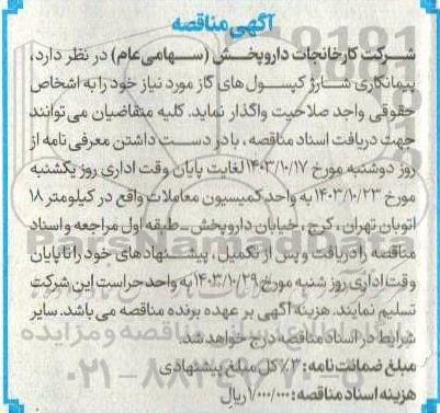 مناقصه پیمانکاری شارژ کپسول های گاز