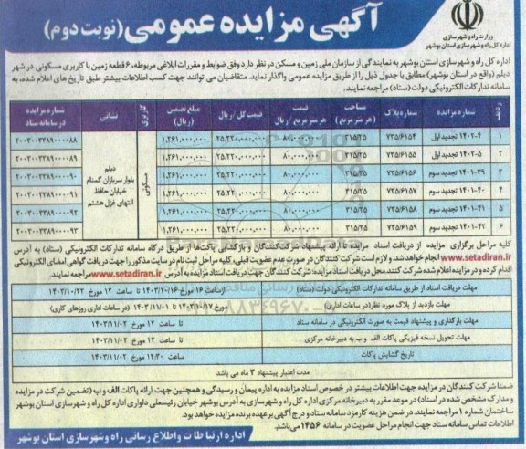 مزایده واگذاری 6 قطعه زمین با کاربری مسکونی