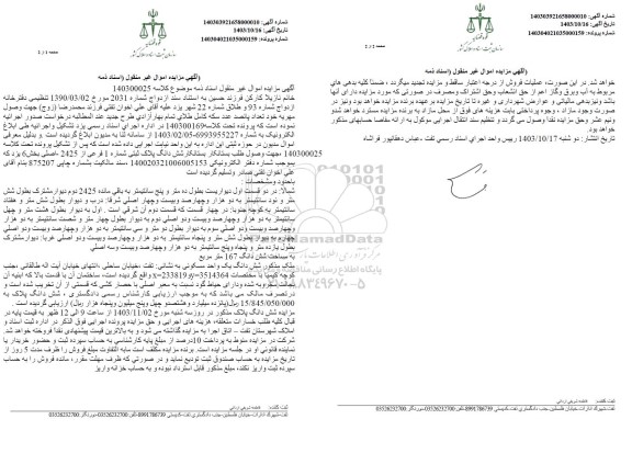 مزایده شش دانگ پلاک ثبتی شماره 1 فرعی از 2425 اصلی 