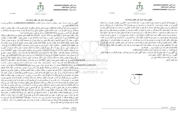 مزایده ششدانگ یک قطعه بنای احداثی به پلاک مقدار 340 سهم مشاع از 600 سهم
