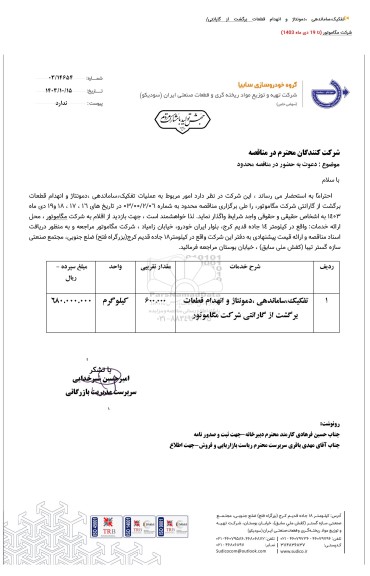 مناقصه تفکیک، ساماندهی ، دمونتاژ و انهدام قطعات ...