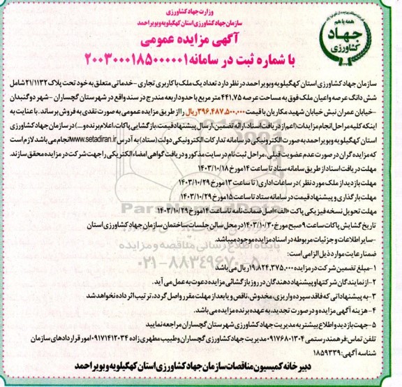 مزایده تعداد یک ملک با کاربری تجاری تحت پلاک 21/1132
