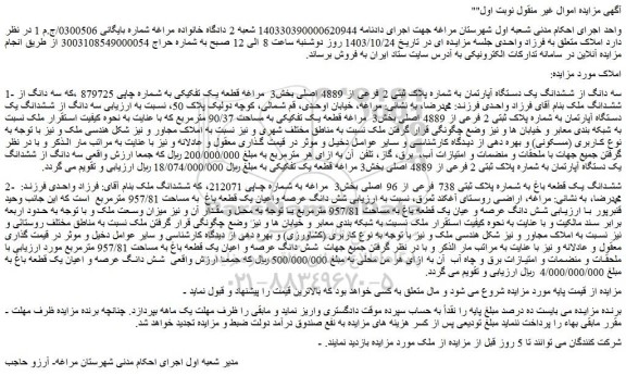 مزایده ششدانگ یک دستگاه آپارتمان به شماره پلاک ثبتی 2 فرعی از 4889 اصلی 