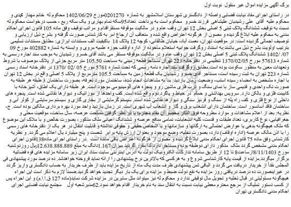 مزایده تمامی منافع عرصه و ششدانگ اعیانی ملک