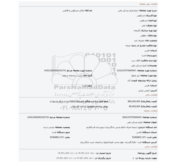 مزایده، امتیاز مسکن ملی