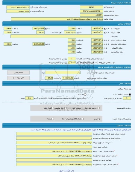 مزایده ، فروش 8 مورد از املاک شهرداری منطقه 10 تبریز -مزایده واحد تجاری - استان آذربایجان شرقی