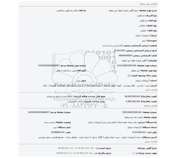 مزایده، آگهی مزایده اموال غیر منقول