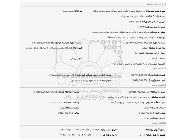 مزایده، پنجاه سهم از یکصد سهم شرکت سپیدچشمه درفک