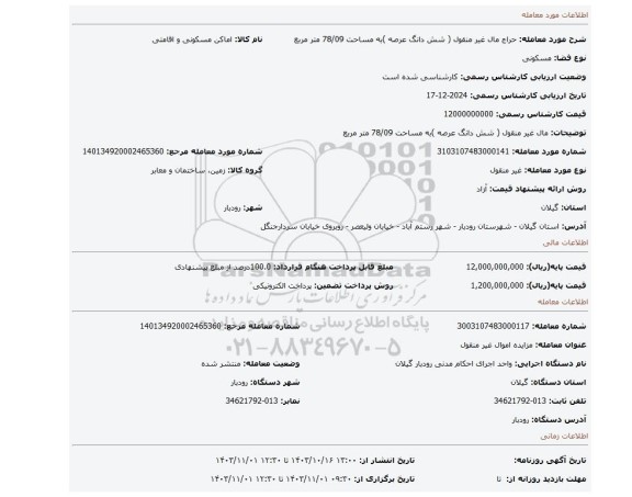 مزایده، مال غیر منقول ( شش دانگ عرصه )به مساحت 78/09 متر مربع