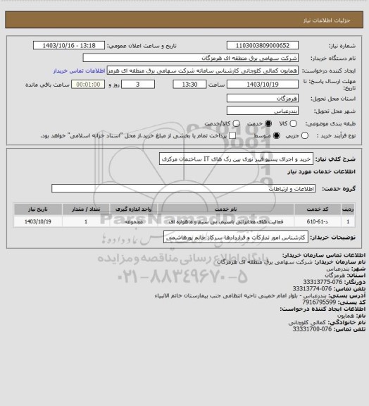 استعلام خرید و اجرای پسیو فیبر نوری بین رک های IT ساختمان مرکزی