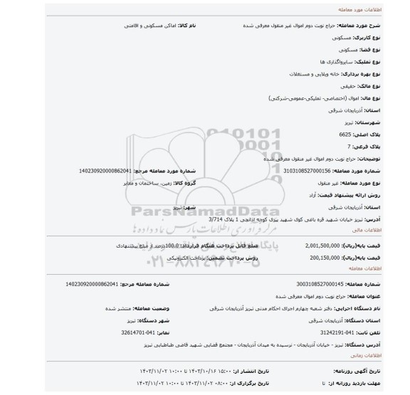 مزایده، حراج نوبت دوم اموال غیر منقول معرفی شده