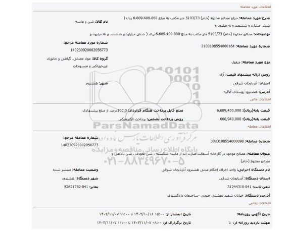 مزایده، مصالح مخلوط (خام) 5103/73 متر مکعب به مبلغ 6،609،400،000 ریال ( شش میلیارد و ششصد و نه میلیون و