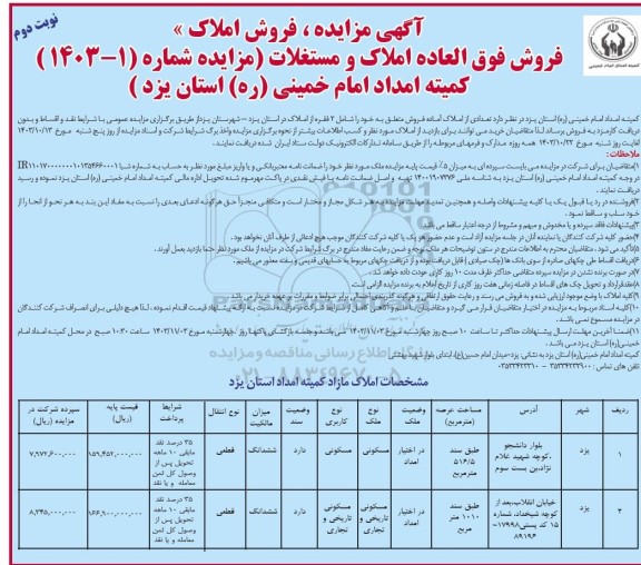 مزایده فروش فوق العاده املاک و مستغلات نوبت دوم