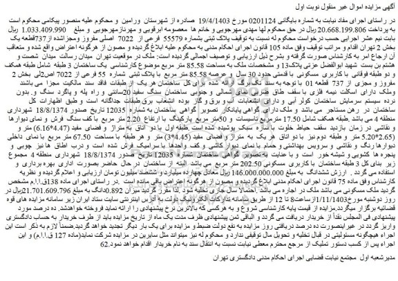 مزایده ملک پلاک ثبتی بشماره 55579 فرعی از 7022 اصلی مفروز ومجزاشده از737قطعه یک