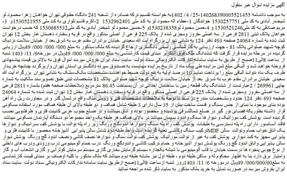 مزایده پلاک ثبتی 2811 فرعی از سه اصلی مفروز ومجزی شده از پلاک 225 فرعی از اصلی 